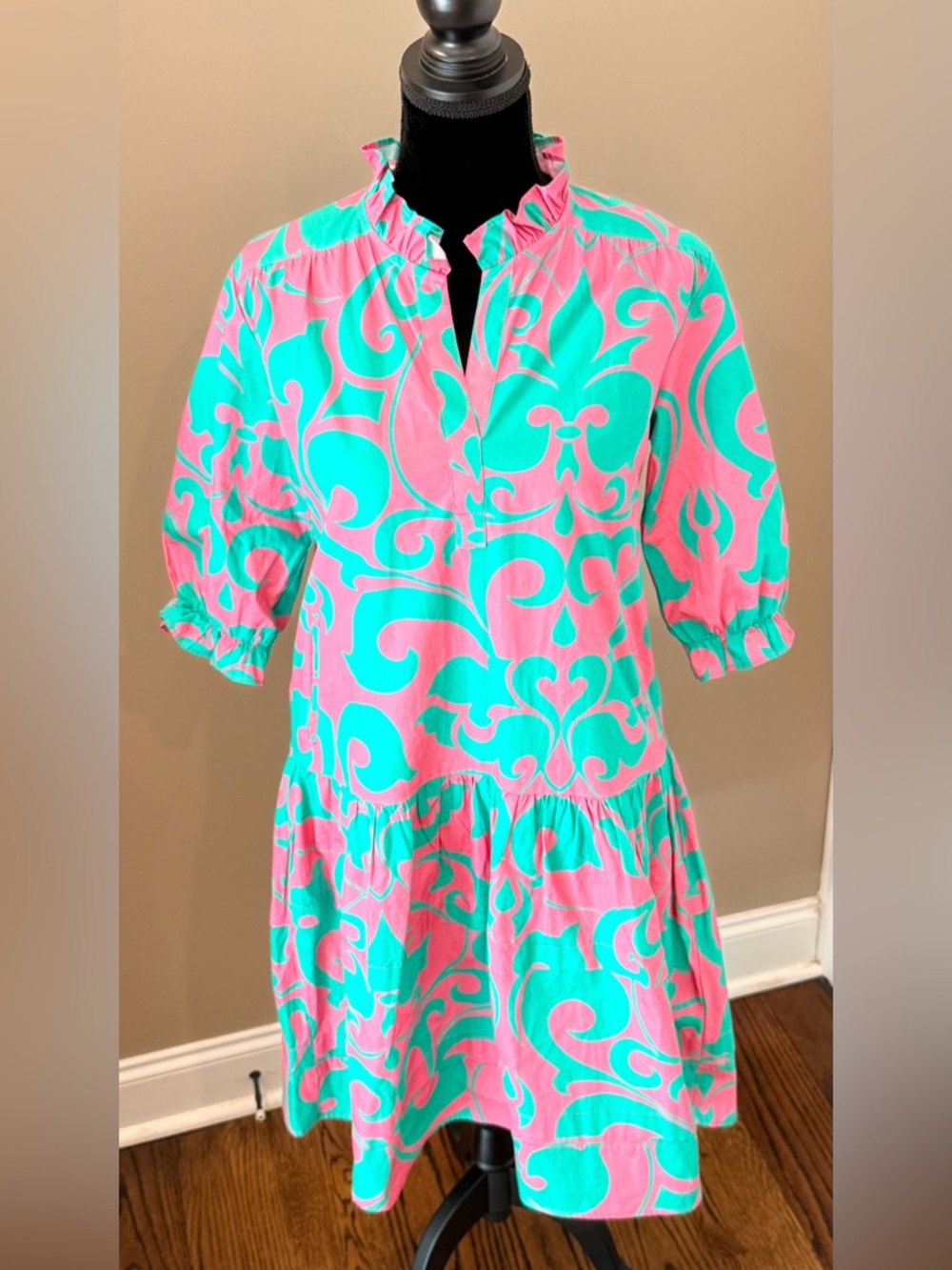 Women’s MAUDE VIVANTE green and pink short sleeve tiered dress- Size small